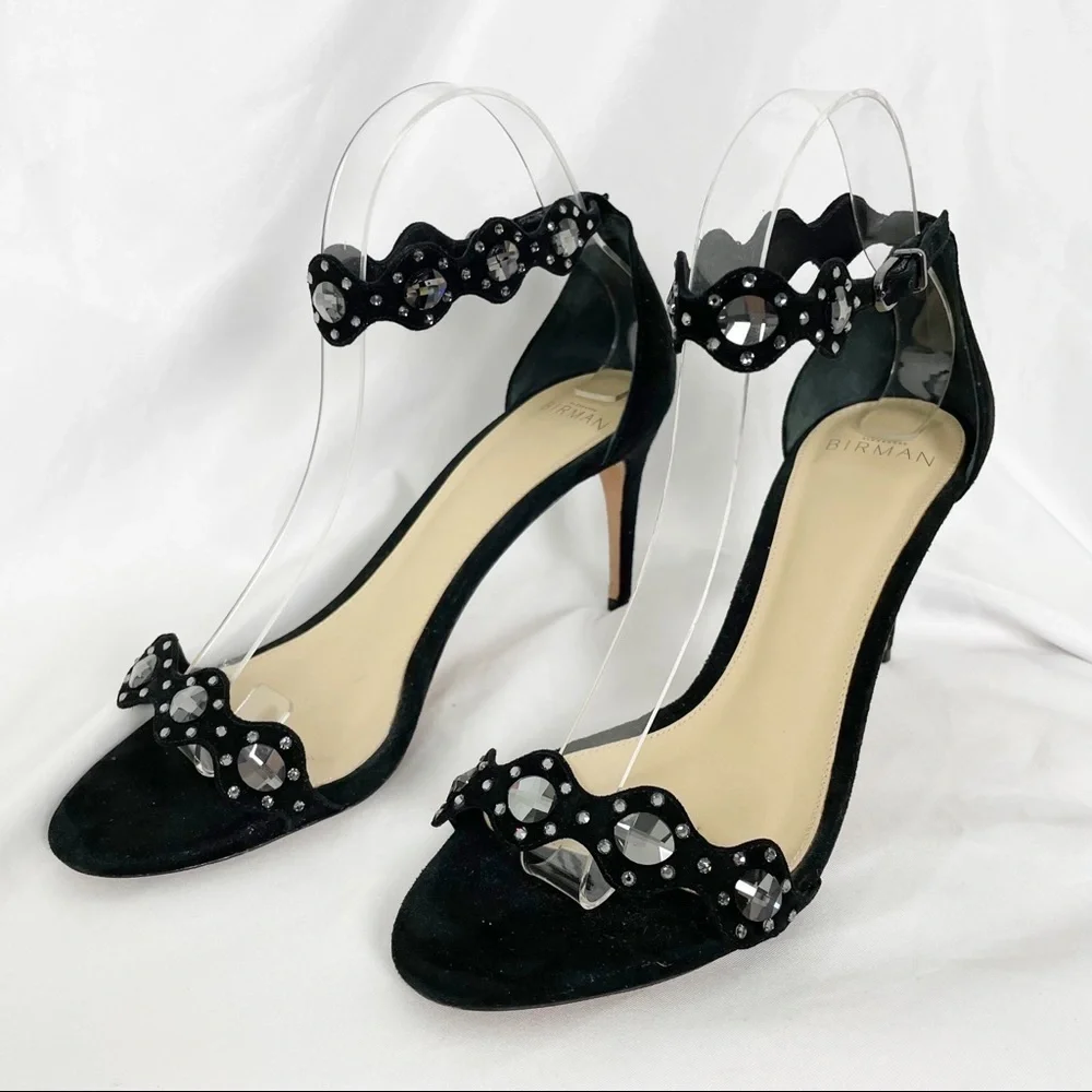 Alexandre Birman Jeweled Round Open Toe Suede Leather Heels Sandals Black